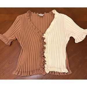 Find Me Now Cardigan Cream Brown Ribbed Short Sleeve sweater Women's Medium